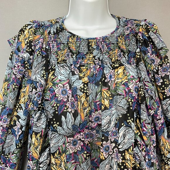 Floral Blouse Sheer Long Sleeve FLAWED Shirred Smocked Ruffles Blue Long Sleeve - Picture 3 of 15